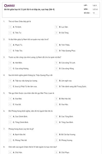 Đề thi giữa học kì 2 Lịch Sử 6 có đáp án, cực hay (Đề 4)