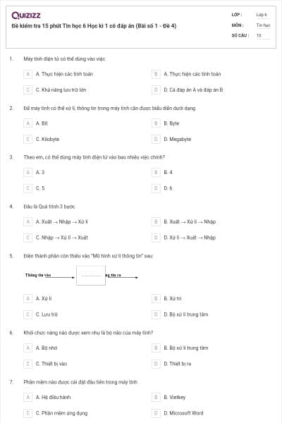 Đề kiểm tra 15 phút Tin học 6 Học kì 1 có đáp án (Bài số 1 - Đề 4)