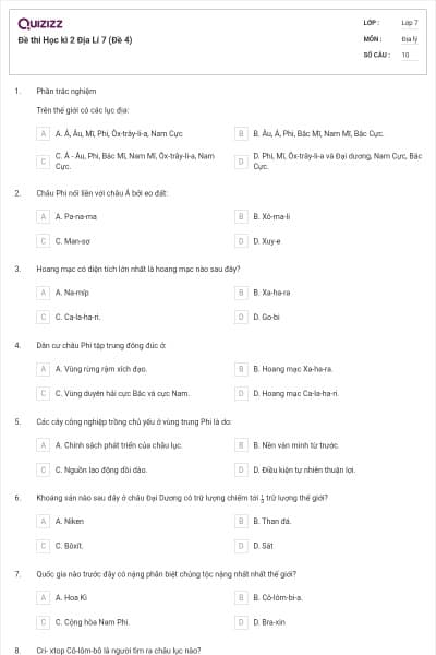 Đề thi Học kì 2 Địa Lí 7 (Đề 4)