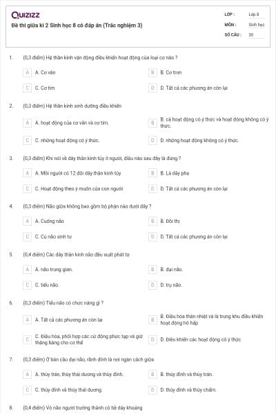 Đề thi giữa kì 2 Sinh học 8 có đáp án (Trắc nghiệm 3)