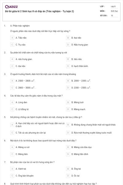 Đề thi giữa kì 2 Sinh học 8 có đáp án (Trắc nghiệm - Tự luận 2)