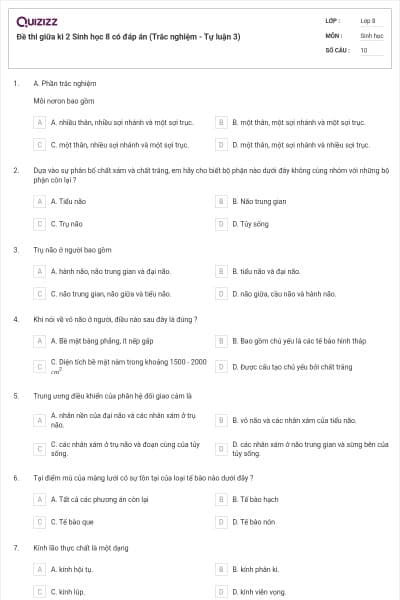 Đề thi giữa kì 2 Sinh học 8 có đáp án (Trắc nghiệm - Tự luận 3)