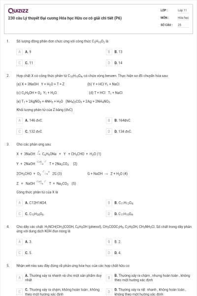 230 câu Lý thuyết Đại cương Hóa học Hữu cơ có giải chi tiết (P6)