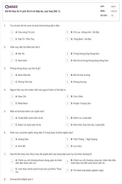 Đề thi Học kì 2 Lịch Sử 6 có đáp án, cực hay (Đề 1)