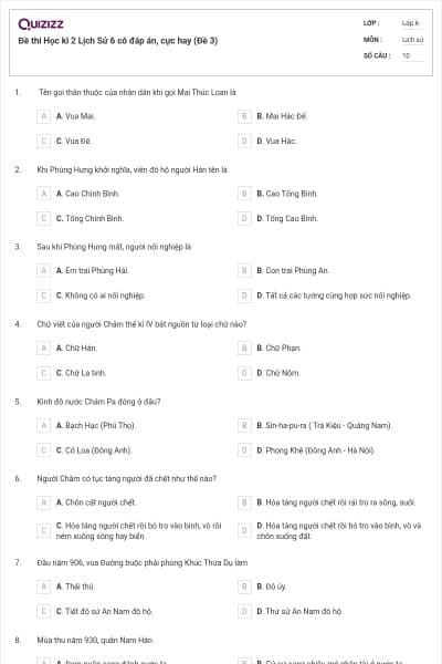 Đề thi Học kì 2 Lịch Sử 6 có đáp án, cực hay (Đề 3)