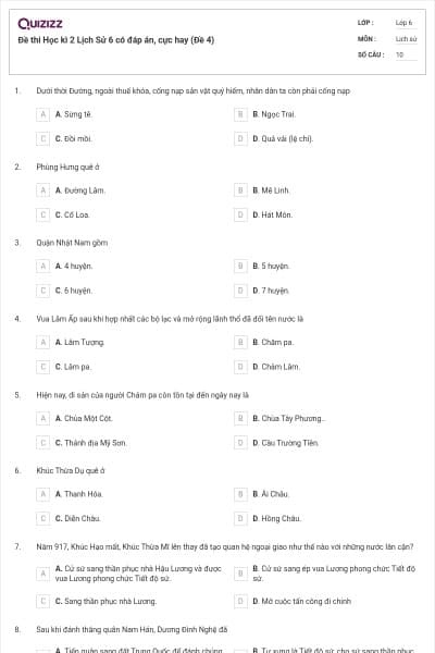 Đề thi Học kì 2 Lịch Sử 6 có đáp án, cực hay (Đề 4)
