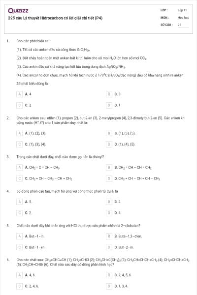 225 câu Lý thuyết Hidrocacbon có lời giải chi tiết (P4)