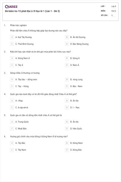 Đề kiểm tra 15 phút Địa Lí 8 Học kì 1 (Lần 1 - Đề 3)