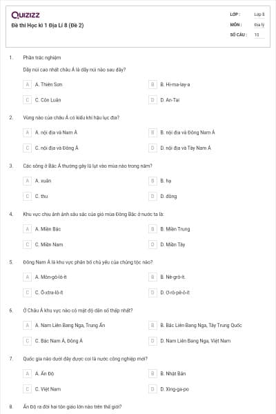 Đề thi Học kì 1 Địa Lí 8 (Đề 2)