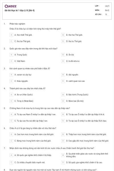 Đề thi Học kì 1 Địa Lí 8 (Đề 4)