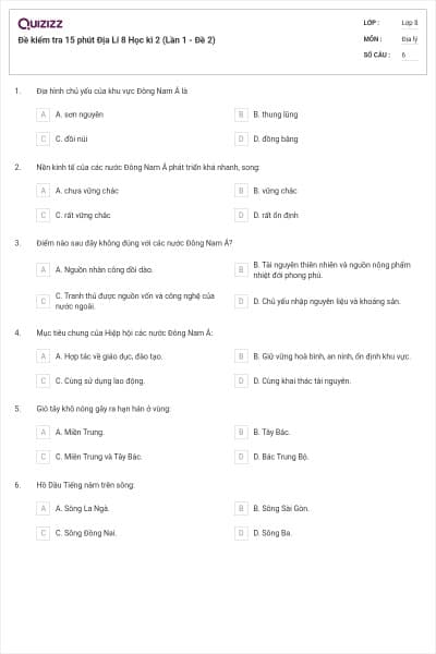 Đề kiểm tra 15 phút Địa Lí 8 Học kì 2 (Lần 1 - Đề 2)