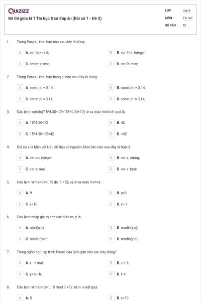 Đề thi giữa kì 1 Tin học 8 có đáp án (Bài số 1 - Đề 3)