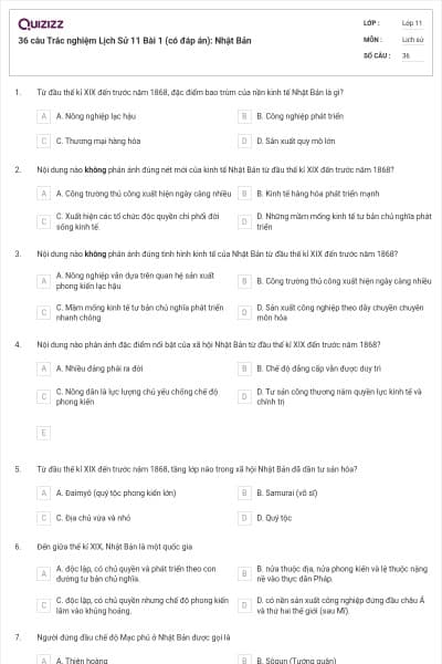 36 câu Trắc nghiệm Lịch Sử 11 Bài 1 (có đáp án): Nhật Bản