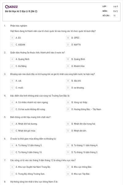 Đề thi Học kì 2 Địa Lí 8 (Đề 2)