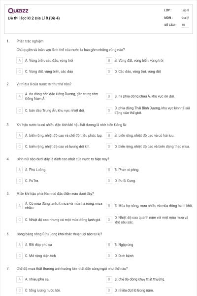 Đề thi Học kì 2 Địa Lí 8 (Đề 4)