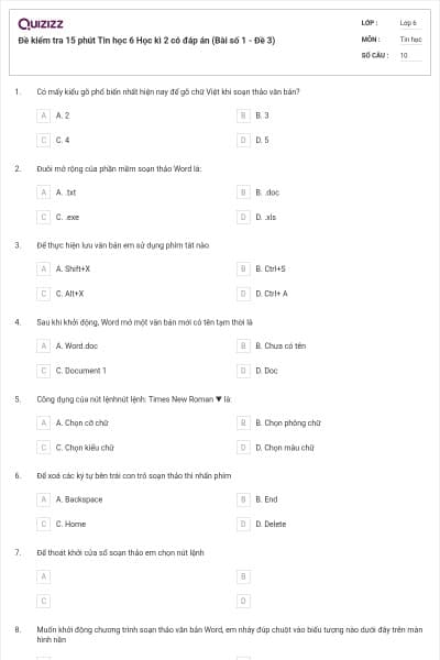 Đề kiểm tra 15 phút Tin học 6 Học kì 2 có đáp án (Bài số 1 - Đề 3)