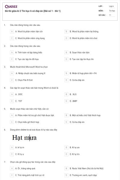 Đề thi giữa kì 2 Tin học 6 có đáp án (Bài số 1 - Đề 1)