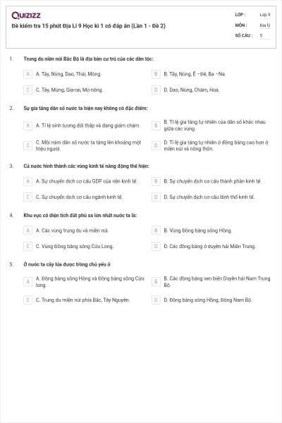 Đề kiểm tra 15 phút Địa Lí 9 Học kì 1 có đáp án (Lần 1 - Đề 2)