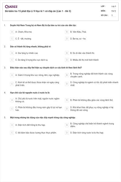 Đề kiểm tra 15 phút Địa Lí 9 Học kì 1 có đáp án (Lần 1 - Đề 3)