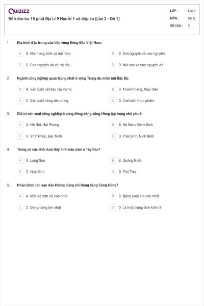 Đề kiểm tra 15 phút Địa Lí 9 Học kì 1 có đáp án (Lần 2 - Đề 1)