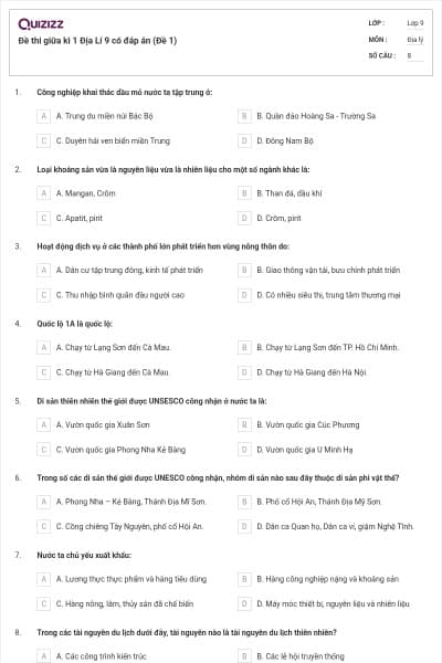 Đề thi giữa kì 1 Địa Lí 9 có đáp án (Đề 1)