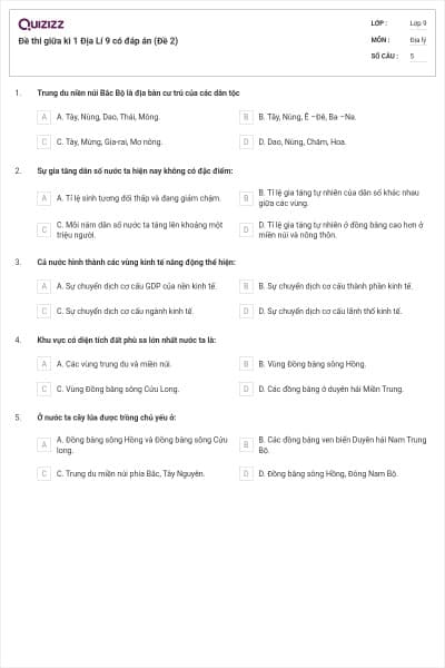 Đề thi giữa kì 1 Địa Lí 9 có đáp án (Đề 2)