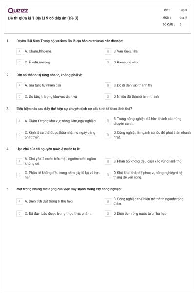Đề thi giữa kì 1 Địa Lí 9 có đáp án (Đề 3)