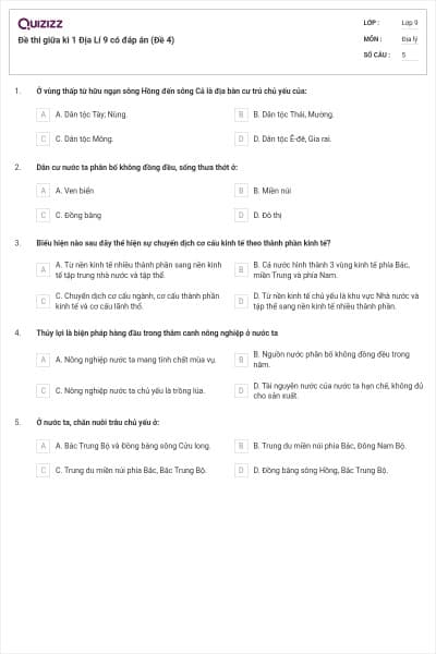Đề thi giữa kì 1 Địa Lí 9 có đáp án (Đề 4)