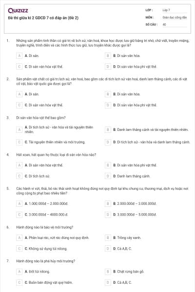 Đề thi giữa kì 2 GDCD 7 có đáp án (Đề 2)