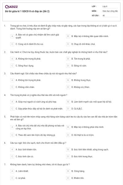 Đề thi giữa kì 1 GDCD 8 có đáp án (Đề 2)