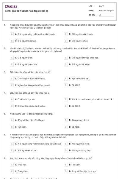Đề thi giữa kì 2 GDCD 7 có đáp án (Đề 3)
