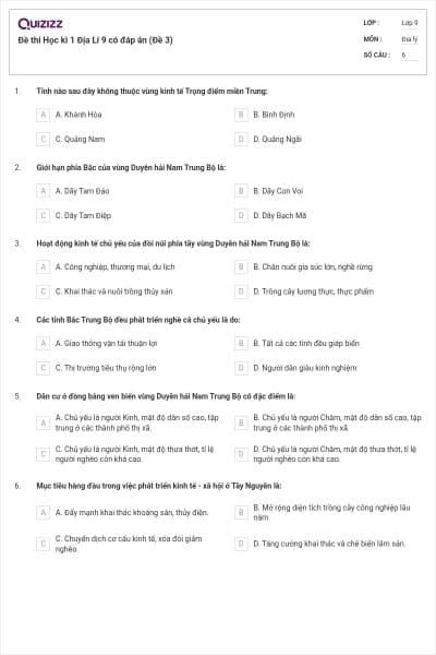 Đề thi Học kì 1 Địa Lí 9 có đáp án (Đề 3)
