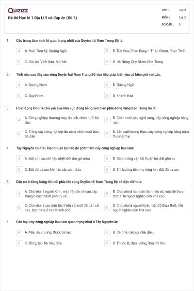 Đề thi Học kì 1 Địa Lí 9 có đáp án (Đề 4)