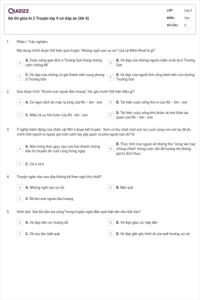 Đề thi giữa kì 2 Truyện lớp 9 có đáp án (Đề 4)