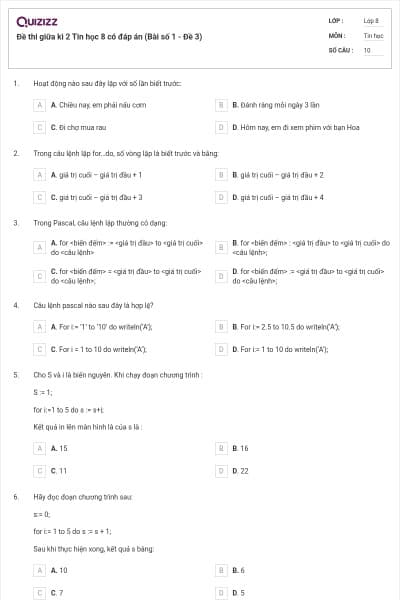 Đề thi giữa kì 2 Tin học 8 có đáp án (Bài số 1 - Đề 3)