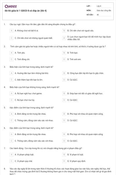Đề thi giữa kì 1 GDCD 8 có đáp án (Đề 4)