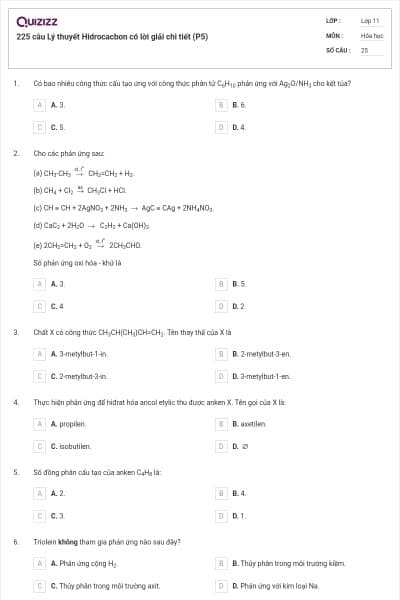 225 câu Lý thuyết Hidrocacbon có lời giải chi tiết (P5)