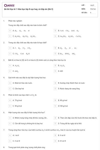 Đề thi Học kì 1 Hóa học lớp 8 cực hay, có đáp án (Đề 3)
