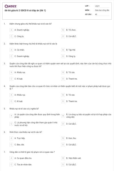 Đề thi giữa kì 2 GDCD 8 có đáp án (Đề 1)