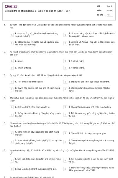 Đề kiểm tra 15 phút Lịch Sử 9 Học kì 1 có đáp án (Lần 1 - Đề 4)
