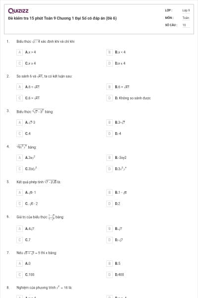 Đề kiểm tra 15 phút Toán 9 Chương 1 Đại Số có đáp án (Đề 6)