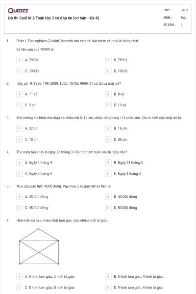 Đề thi Cuối kì 2 Toán lớp 3 có đáp án (cơ bản - Đề 4)
