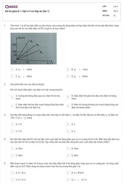 Đề thi giữa kì 1 Vật Lí 9 có đáp án (Đề 1)