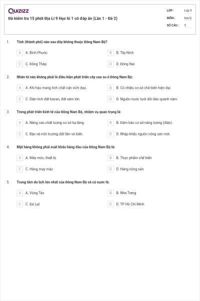 Đề kiểm tra 15 phút Địa Lí 9 Học kì 1 có đáp án (Lần 1 - Đề 2)