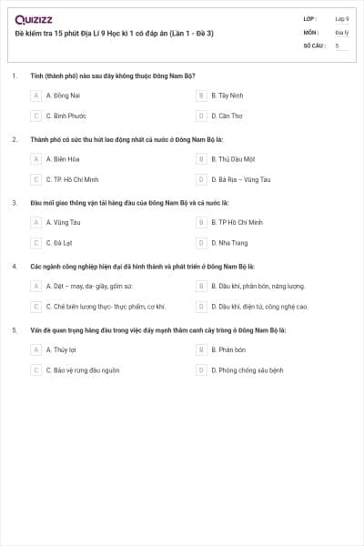 Đề kiểm tra 15 phút Địa Lí 9 Học kì 1 có đáp án (Lần 1 - Đề 3)