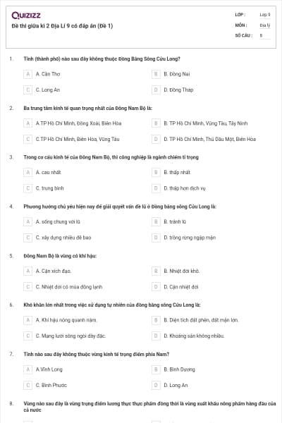 Đề thi giữa kì 2 Địa Lí 9 có đáp án (Đề 1)