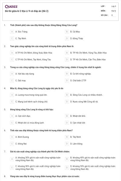 Đề thi giữa kì 2 Địa Lí 9 có đáp án (Đề 2)