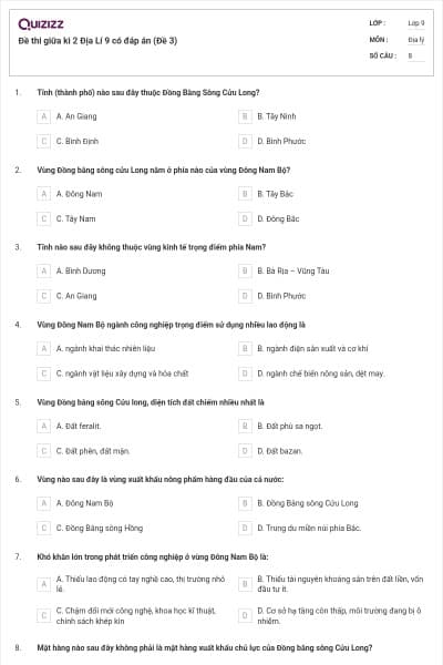 Đề thi giữa kì 2 Địa Lí 9 có đáp án (Đề 3)