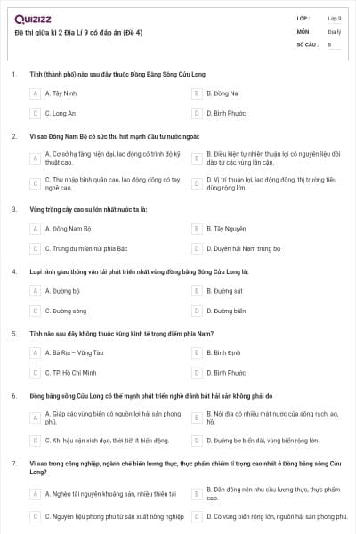 Đề thi giữa kì 2 Địa Lí 9 có đáp án (Đề 4)