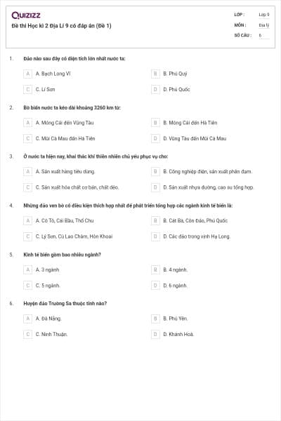 Đề thi Học kì 2 Địa Lí 9 có đáp án (Đề 1)